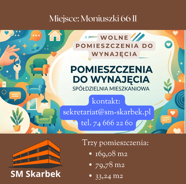Wolne pomieszczenia do wynajęcia na Moniuszki 66 II